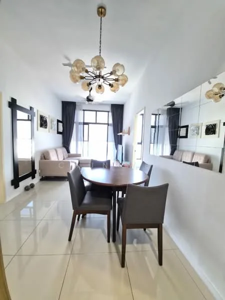 Dining features: round wooden dining table, 4 upholstered dining chairs, chandelier with multiple bulbs, large mirror on wall, white painted walls, floor-to-ceiling windows, grey curtains, polished tile flooring, sofa in background, decorative wall art; style: modern.