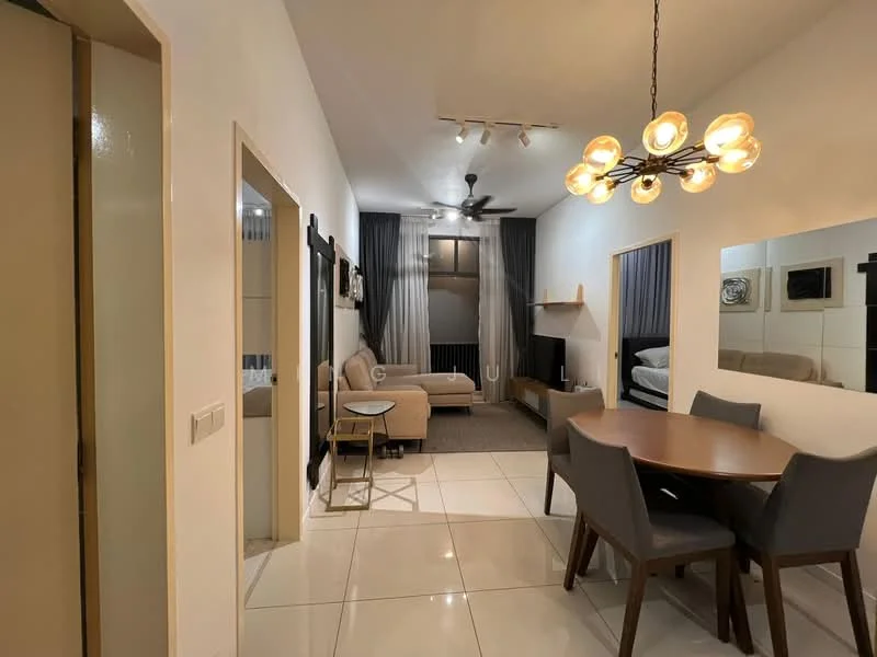 Living features: cream painted walls, white ceiling, 5-blade ceiling fan with light, recessed downlights, large window with sheer curtains, light grey fabric sofa, coffee table, area rug, wall-mounted TV, decorative wall art, open shelving unit, wooden accent shelf; style: modern. Dining features: round wooden dining table, 4 upholstered dining chairs, mirror on wall, decorative wall art; style: modern.