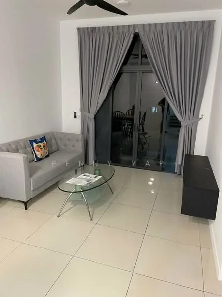 Living features: grey fabric 3-seater sofa, glass coffee table with metal legs, floor-to-ceiling sliding glass door, grey curtains, white painted walls, glossy ceramic tile flooring, ceiling fan, black console table; style: modern.