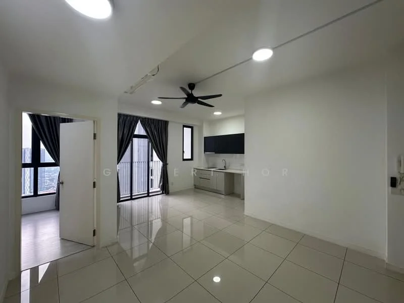 Living features: white painted walls, glossy tile flooring, 5-blade ceiling fan with light, floor-to-ceiling windows, sliding glass door, blackout curtains, kitchen cabinetry in dark color, stainless-steel sink, countertop, recessed downlights; style: modern; view: city.