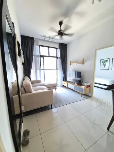 Living features: 3-seater fabric sofa in beige, coffee table, TV console, wall-mounted TV, area rug, floor-to-ceiling windows, sheer curtains, ceiling fan, white painted walls, glossy tile flooring; style: modern.