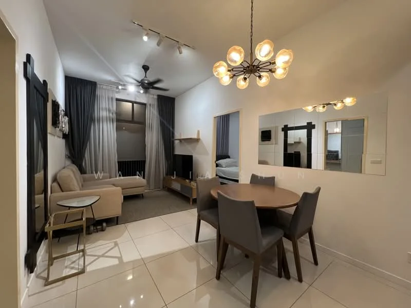 Living features: 3-seater fabric sofa in beige, round dining table, 4 upholstered dining chairs, chandelier with multiple bulbs, floor-to-ceiling windows, grey curtains, wall-mounted TV, light-colored walls, tile flooring, ceiling fan with light, decorative mirror, small side table; style: modern.