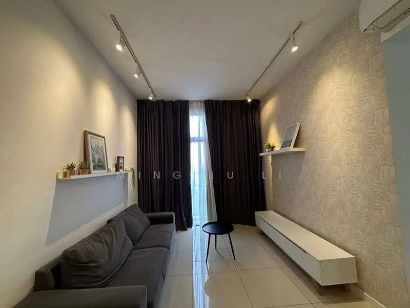 Living features: grey fabric sofa, black round coffee table, white floating shelf, wall-mounted TV console, floor-to-ceiling windows, blackout curtains, decorative plants on shelf, light-colored wallpaper with floral pattern, recessed lighting, glossy tile flooring; style: modern; view: city.
