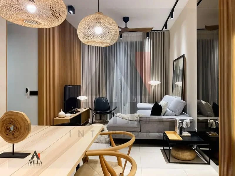 Living features: 3-seater fabric sofa in light grey, wooden coffee table, TV console, wall-mounted TV, pendant light, 5-blade ceiling fan, decorative wall art, floor-to-ceiling curtains, light-coloured walls, ceramic tile flooring, area rug, wooden accent wall; style: modern.
