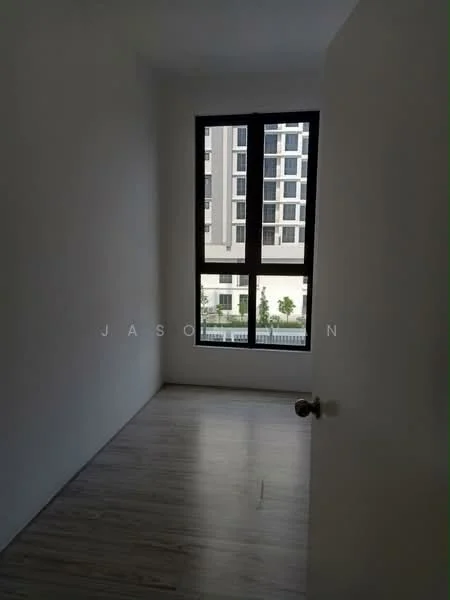 Room features: white painted walls, laminate flooring, floor-to-ceiling windows, city view; view: city.