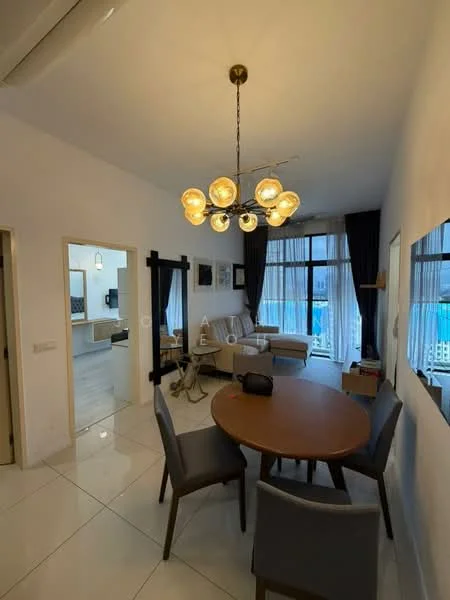 Dining features: round dining table, 4 upholstered dining chairs, chandelier with multiple bulbs, white painted walls, large windows with sheer curtains, tile flooring, decorative wall art, open layout to living area; style: modern; view: city. Living features: sofa, coffee table, large windows with sheer curtains, white walls, tile flooring, decorative wall art; style: modern; view: city.