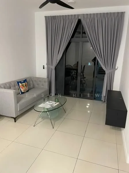 Living features: grey fabric 3-seater sofa, glass coffee table, black TV console, white painted walls, cream tiled flooring, ceiling fan, floor-to-ceiling sliding glass door, grey curtains; style: modern.