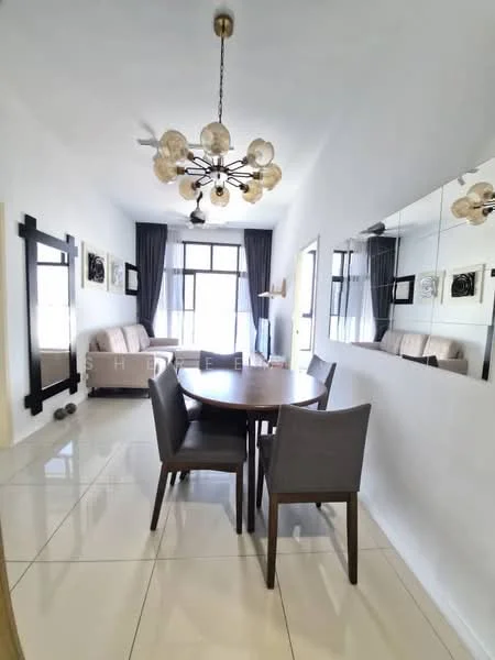 Dining features: round dining table, 4 dining chairs, chandelier with multiple bulbs, floor-to-ceiling windows, grey curtains, white painted walls, polished tile flooring, mirrored wall, sofa in background, decorative wall art; style: modern.