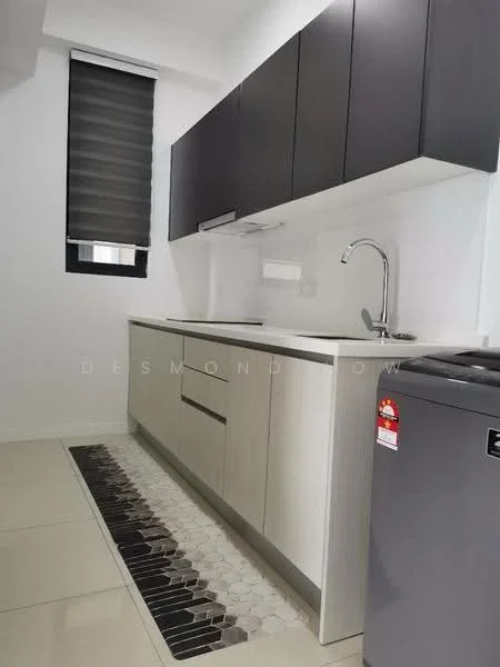 Kitchen features: white cabinetry with flat-panel design, dark grey upper cabinets, single-bowl stainless-steel sink, chrome pull-down faucet, white quartz countertop, white tiled backsplash, built-in oven, freestanding washing machine, hexagonal patterned floor tiles, roller blinds on window, recessed downlights; style: modern.