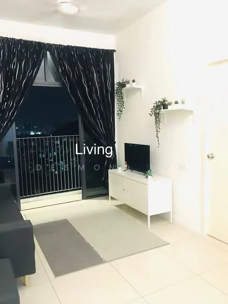 Living features: black curtains, floor-to-ceiling windows, white TV console, wall-mounted TV, decorative shelves, houseplants on shelves, grey area rug, sofa in dark color, light-colored tiled flooring, balcony door, city view through windows, recessed ceiling light; style: modern; view: city.