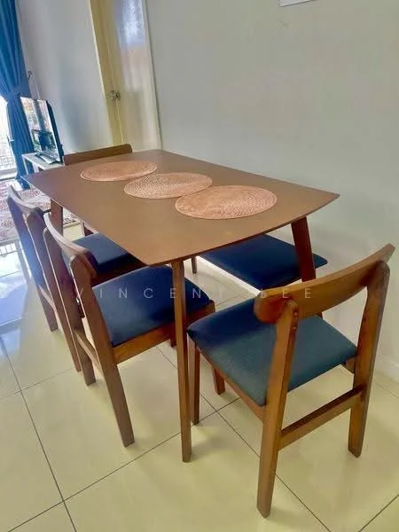 Dining features: wooden dining table, 4-seater dining table, blue upholstered dining chairs, woven placemats, white painted walls, glossy tile flooring; style: modern.
