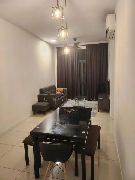 Living features: grey fabric sofa, black dining table, 4 upholstered dining chairs, pendant lighting fixtures, wall-mounted TV, floor-to-ceiling curtains, air conditioning unit, white painted walls, tile flooring, decorative cushions; style: modern.