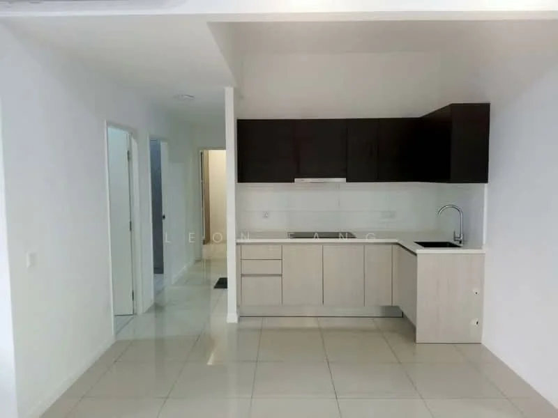 Kitchen features: white painted walls, cream tiled flooring, flat-panel dark wood cabinetry, light wood lower cabinets, single-bowl stainless-steel sink, chrome pull-down faucet, white backsplash, built-in stove, ventilation hood, open layout, recessed downlights; style: modern.