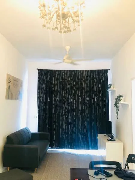 Living features: 3-seater fabric sofa in grey, chandelier with multiple bulbs, ceiling fan, black curtains with a wavy pattern, wall-mounted TV, white TV console, decorative wall shelf, framed artwork on wall, carpeted flooring; style: modern.