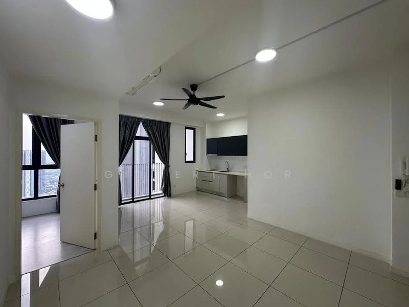 Living features: white painted walls, glossy tile flooring, 5-blade ceiling fan with light, floor-to-ceiling windows, sliding glass door, blackout curtains, kitchen cabinetry with countertop, stainless-steel sink, built-in kitchen appliances; style: modern; view: city. Room features: white painted walls, glossy tile flooring, door to balcony, blackout curtains.