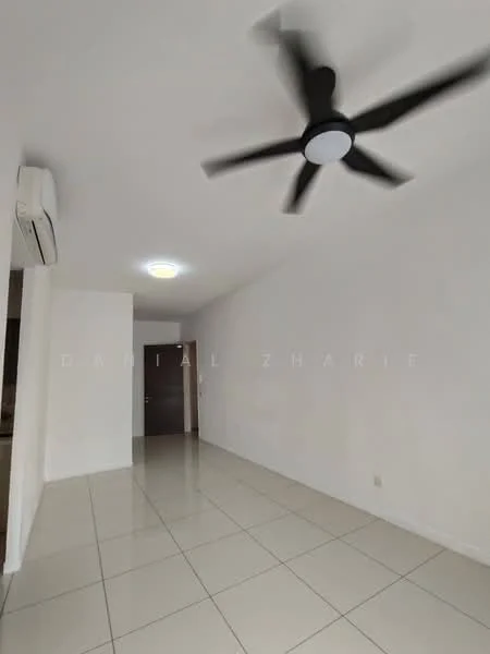 Room features: white painted walls, glossy ceramic tile flooring, 5-blade ceiling fan with light, wall-mounted split AC, recessed ceiling light, neutral color scheme, doorway leading to another room, open space layout; style: modern.