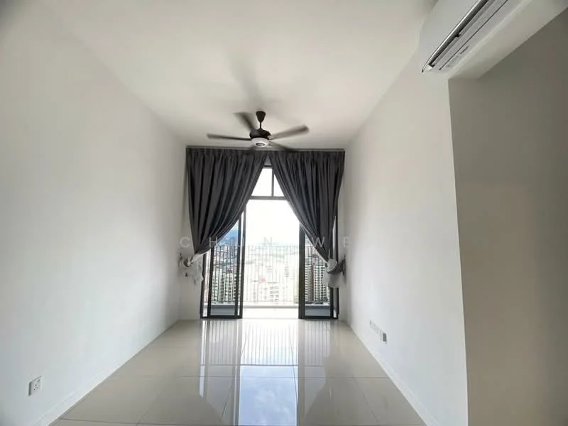 Living features: white painted walls, glossy tile flooring, 5-blade ceiling fan with light, floor-to-ceiling windows, grey sheer curtains, city view, air conditioning unit; style: modern; view: city.