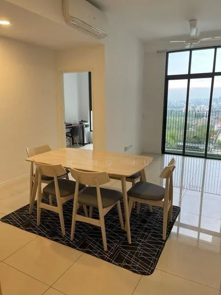 Dining features: rectangular dining table with light wood finish, 4 upholstered dining chairs in grey, area rug with geometric pattern, floor-to-ceiling windows, white painted walls, white ceiling, recessed downlights, 1 ceiling fan, sliding glass door, view of city skyline; style: modern; view: city.