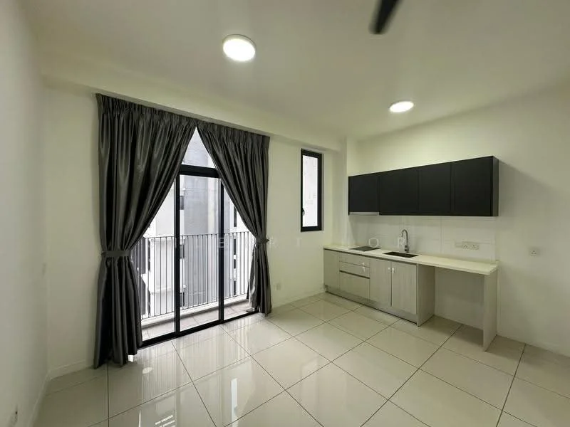 Kitchen features: white cabinets, black upper cabinets, single-bowl stainless-steel sink, chrome pull-down faucet, white countertop, ceramic tile flooring, floor-to-ceiling windows, sliding glass door, grey curtains, recessed downlights; style: modern; view: city.
