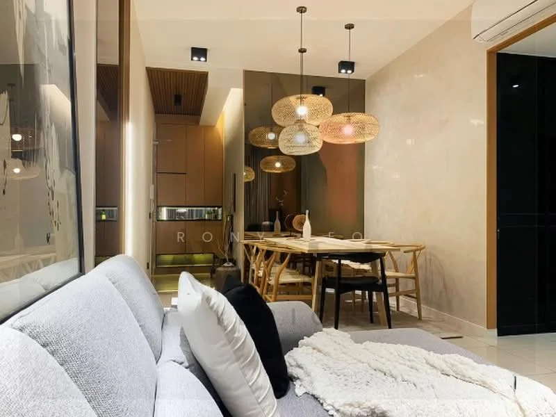 Living features: grey fabric sofa, black and white decorative pillows, area rug, wooden dining table, woven pendant lights, wall-mounted air conditioning unit, wooden ceiling, light-colored wall, glass wall partition, dining chairs, kitchen area visible in background; style: modern.