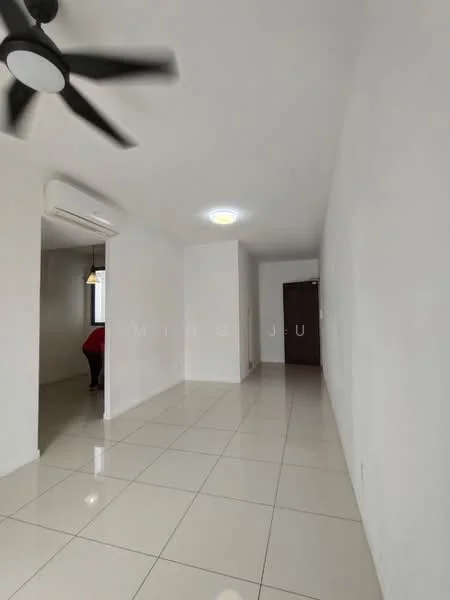 Room features: white painted walls, glossy ceramic tile flooring, ceiling fan, recessed ceiling light, air conditioning unit, doorway leading to another room, open hallway, neutral color scheme; style: modern.