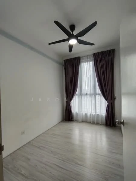 Bedroom features: light wood laminate flooring, white painted walls, 5-blade ceiling fan with integrated LED light, floor-to-ceiling window, sheer curtains, dark purple blackout curtains; style: modern; view: city.