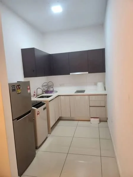 Kitchen features: white laminate countertop, dark wood cabinetry, stainless-steel fridge, built-in sink, single-bowl stainless-steel sink, chrome pull-down faucet, ceramic tile flooring, wall-mounted cabinets, kitchen appliances, white walls, recessed ceiling lights; style: modern.