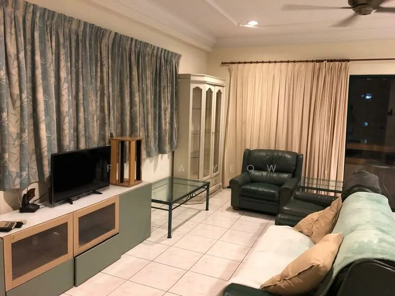 Living features: cream painted walls, white ceiling, tile flooring, 5-blade ceiling fan, 3-seater leather sofa in dark green, 2-seater fabric sofa in beige, glass coffee table, TV console with storage, wall-mounted TV, curtains with floral pattern, sheer curtains, display cabinet with glass doors; style: traditional.