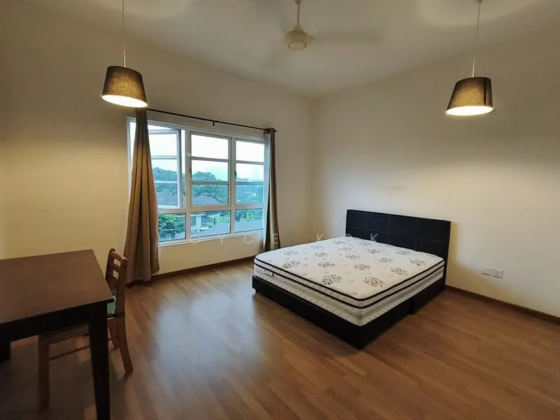 Bedroom features: queen-size bed, black upholstered bed frame, wooden flooring, floor-to-ceiling windows, sheer curtains, 2 pendant lights, study desk, wooden chair, neutral painted walls; style: modern; view: garden.