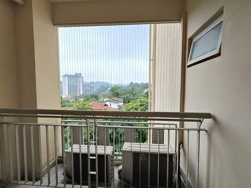 Room features: balcony with railing, two wall-mounted air conditioning units, floor-to-ceiling windows, vertical blinds, concrete flooring, view of city skyline, view of greenery; view: city.