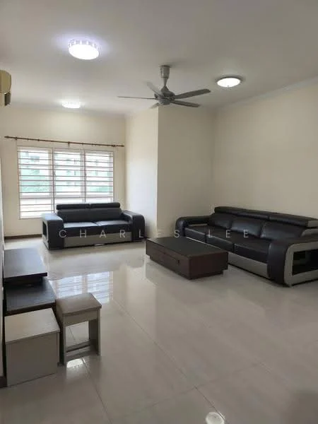Living features: 2-seater leather sofa in black, 3-seater leather sofa in black, coffee table, TV console, wall-mounted TV, area rug, 5-blade ceiling fan, recessed downlights, floor-to-ceiling windows with blinds, cream painted walls, glossy tile flooring; style: modern; view: city.