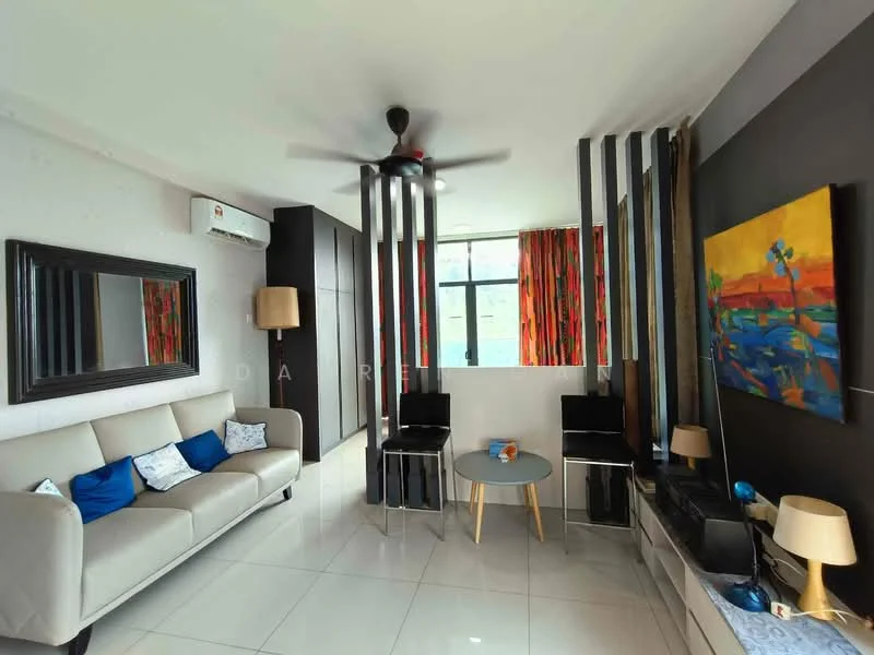 Living features: 3-seater fabric sofa in light grey, decorative cushions in blue, coffee table with round top, wall-mounted TV, black TV console, framed mirror, ceiling fan with light, large window with natural light, curtains with colorful pattern, accent wall in dark color, wall art with landscape painting, white tiled flooring; style: modern.
