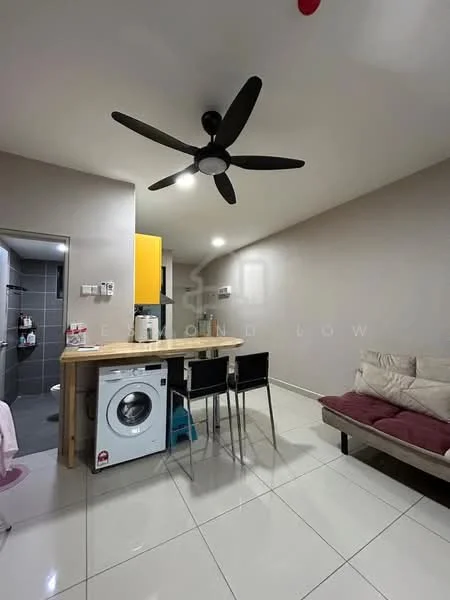 Living features: 5-blade ceiling fan with light, sofa in beige, dining table with 4 black chairs, washing machine, kitchen island, white tiled flooring, light grey painted walls, recessed LED downlights; style: modern. Room features: grey tiled walls, shower area, toilet, sink with faucet.
