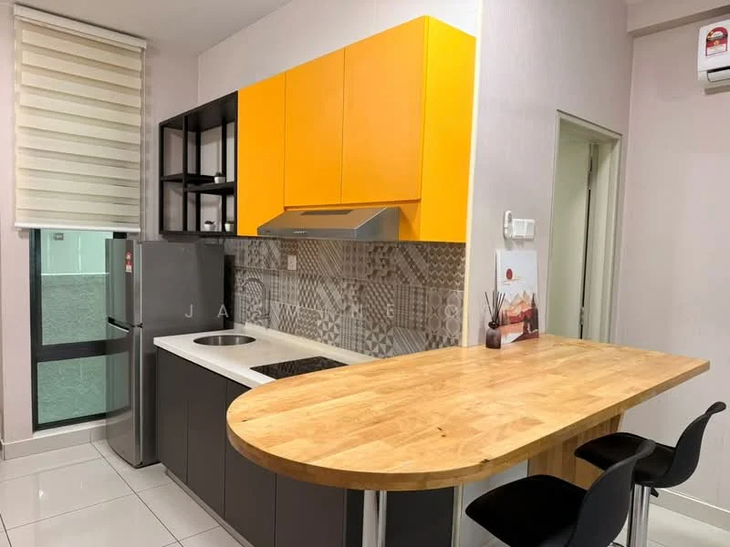 Kitchen features: yellow upper cabinets, grey lower cabinets, wooden countertop, stainless-steel sink, chrome pull-down faucet, built-in oven, ceramic tile backsplash with geometric pattern, refrigerator, bar seating with black stools, window with roller blinds, white painted walls, white tiled flooring, wall-mounted air conditioning unit; style: modern.