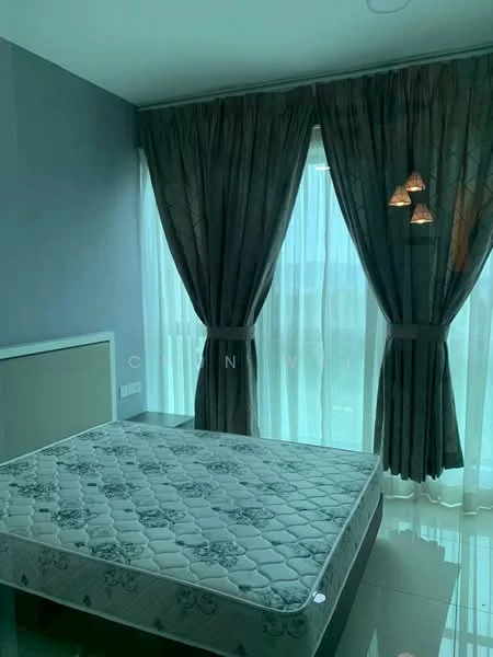 Bedroom features: queen-size mattress, floor-to-ceiling windows, sheer curtains, dark curtains, pendant light fixture, light grey painted walls, glossy tile flooring; style: modern.