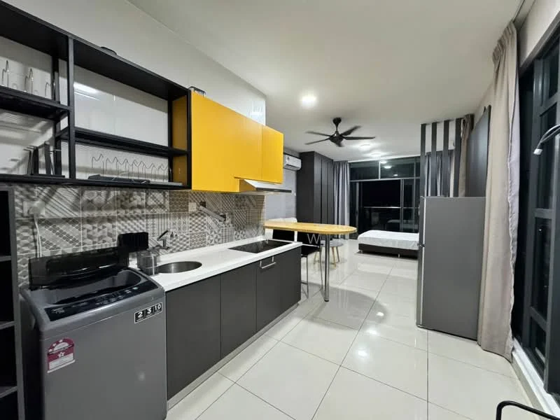 Kitchen features: yellow upper cabinets, black lower cabinets, white countertop, stainless-steel sink, chrome pull-down faucet, built-in stove with hood, refrigerator, washing machine, tile backsplash with geometric pattern, open shelving, ceiling fan, dining table with chairs, large windows with sheer curtains, white tiled flooring, air conditioning unit; style: modern. Living features: queen-size bed, floor-to-ceiling windows, curtains, light-colored walls, open layout; style: modern.