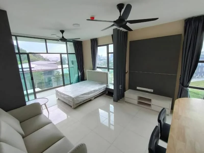 Living features: floor-to-ceiling windows, 2 ceiling fans, white walls, light-colored tiled flooring, sofa, bed with protective covering, TV console, black accent wall, curtains, side table; style: modern; view: city.