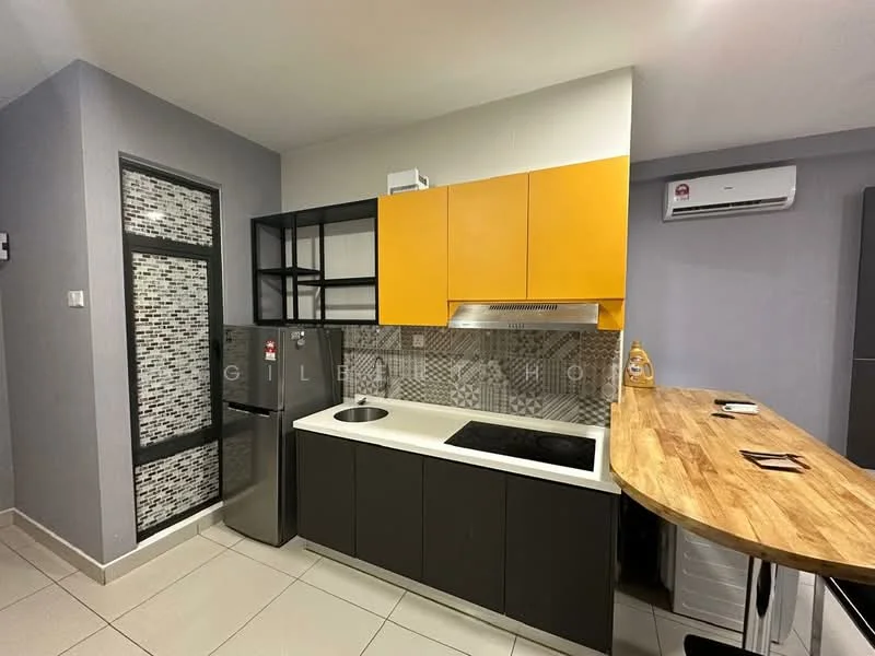 Kitchen features: yellow upper cabinets, black lower cabinets, stainless-steel single-bowl sink, chrome pull-down faucet, built-in stove with hood, black and white mosaic tile backsplash, refrigerator, wooden countertop, open shelving, wall-mounted air conditioning unit, ceramic tile flooring, grey painted walls; style: modern.