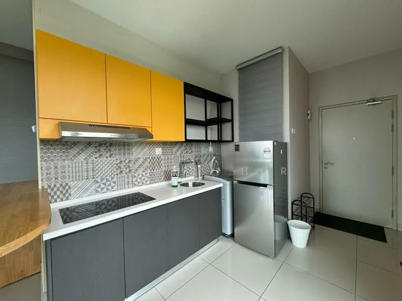 Kitchen features: yellow upper cabinets, black lower cabinets, grey countertop, stainless-steel sink, chrome pull-down faucet, built-in stove, stainless-steel refrigerator, decorative tile backsplash, white tiled flooring, window with blinds, wall-mounted range hood; style: modern.