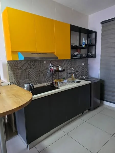 Kitchen features: yellow upper cabinets, black lower cabinets, stainless-steel sink, chrome pull-down faucet, grey mosaic tile backsplash, built-in oven, stainless-steel refrigerator, kitchen island with wooden countertop, ceramic tile flooring, roller blinds on window, wall-mounted range hood; style: modern.