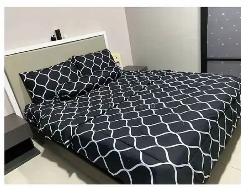 Bedroom features: king-size bed with upholstered headboard, black and white geometric patterned bedding, two bedside tables, laminate flooring, neutral painted walls, decorative wall art, built-in wardrobe, soft lighting; style: modern.