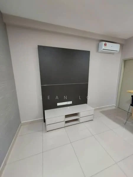 Living features: light grey painted walls, white tiled flooring, wall-mounted air conditioning unit, TV console with storage, dark feature wall, neutral decor, ceiling with recessed lighting; style: modern.