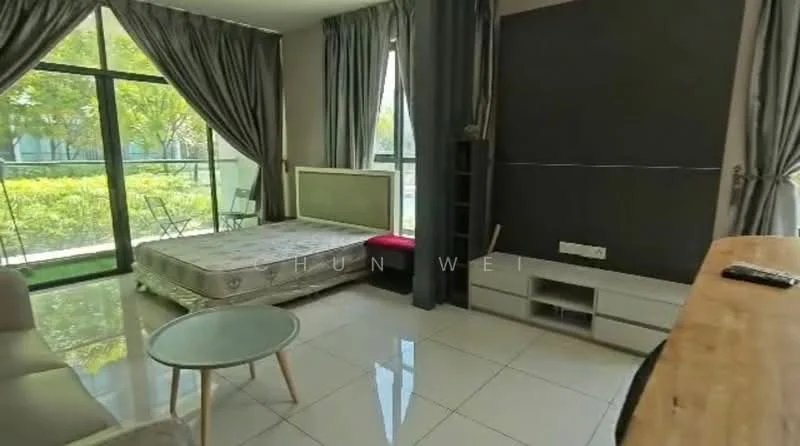 Living features: floor-to-ceiling windows, grey curtains, white walls, white tiled flooring, queen-size bed, wooden TV console, coffee table, black shelving unit, decorative wall panel, green view from window, seating area with chairs; style: modern; view: garden.