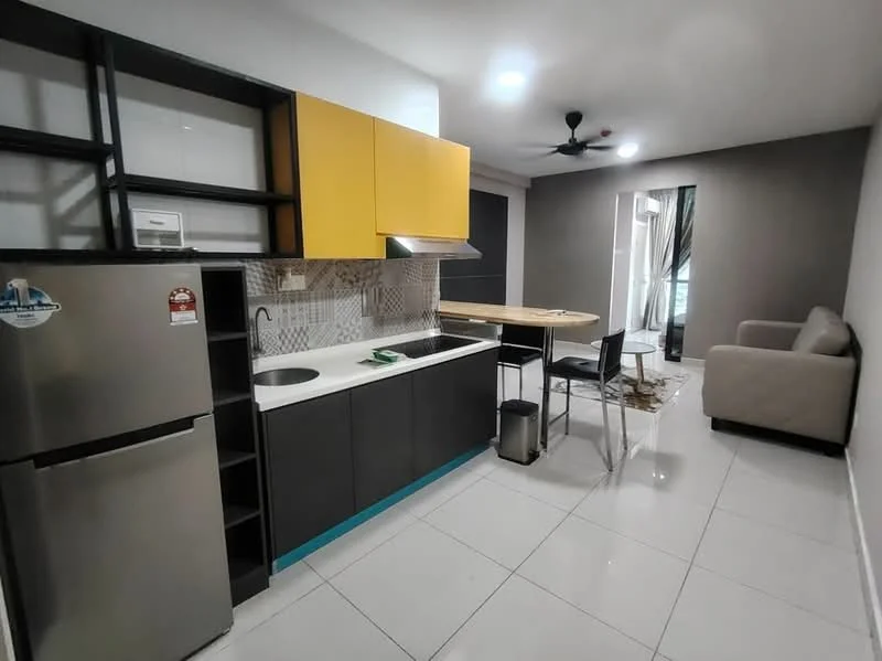 Kitchen features: yellow upper cabinets, black lower cabinets, white countertop, stainless-steel single-bowl sink, chrome pull-down faucet, built-in stove with range hood, grey tiled backsplash, stainless-steel fridge, open shelving, tile flooring, recessed downlights, ceiling fan; style: modern. Living features: beige fabric sofa, round dining table, metal dining chairs, area rug, floor-to-ceiling windows, curtains, wall-mounted AC unit; style: modern.