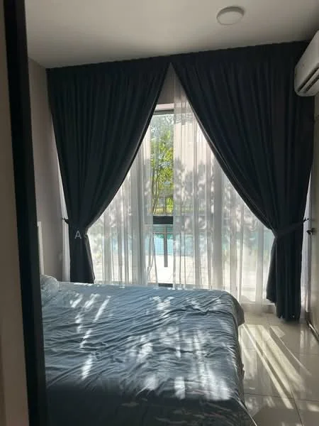 Bedroom features: king-size bed, grey bedspread, floor-to-ceiling windows, sheer curtains, blackout curtains, wall-mounted split AC, light-colored walls, glossy tile flooring; style: modern; view: pool.