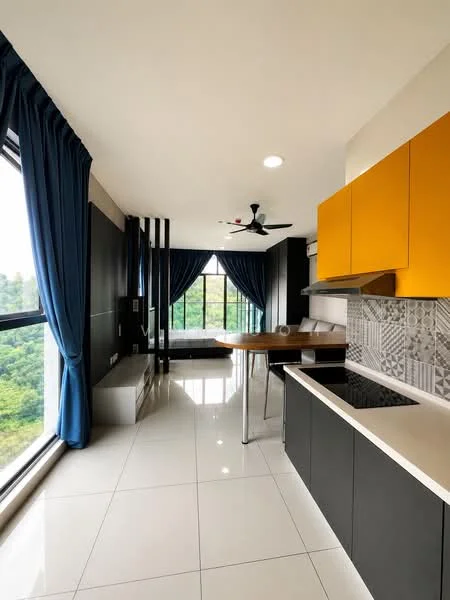 Kitchen features: black cabinetry, yellow upper cabinets, white countertop, stainless-steel sink, chrome pull-down faucet, built-in stove, wall-mounted range hood, grey patterned backsplash, white tile flooring, 5-blade ceiling fan with light, floor-to-ceiling windows, blue curtains, dining table, open layout; style: modern; view: garden.