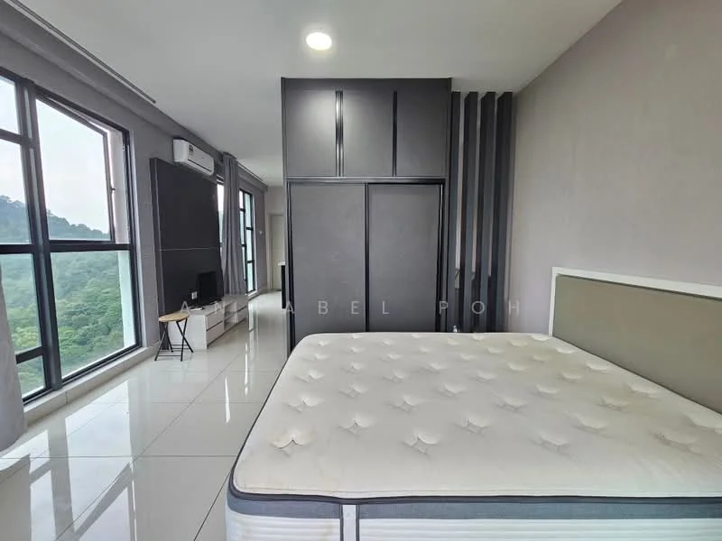 Bedroom features: king-size bed, upholstered headboard, built-in wardrobe with sliding doors, floor-to-ceiling windows, grey accent wall, white painted walls, recessed downlights, white tile flooring, air conditioning unit, mountain view; style: modern; view: mountain.