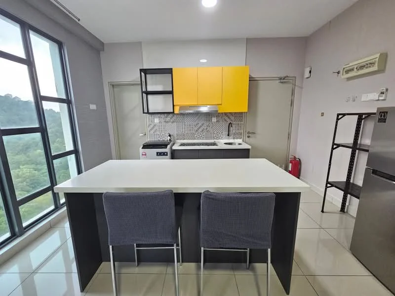 Kitchen features: yellow upper cabinets, black lower cabinets, white countertop, single-bowl stainless-steel sink, chrome pull-down faucet, built-in oven, 4-burner gas hob, grey bar stools, tile backsplash with geometric pattern, refrigerator, floor-to-ceiling windows, white tile flooring, recessed downlights; style: modern; view: garden.