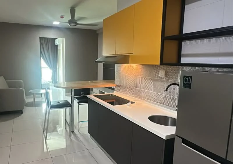 Kitchen features: yellow upper cabinets, black lower cabinets, white countertop, single-bowl stainless-steel sink, chrome pull-down faucet, built-in stove, stainless-steel fridge, tile backsplash with geometric pattern, bar table with two stools, recessed downlights, floor-to-ceiling window, grey painted walls, white ceramic tile flooring; style: modern. Living features: sofa, coffee table, floor-to-ceiling window, grey curtains, light-colored walls; style: modern.
