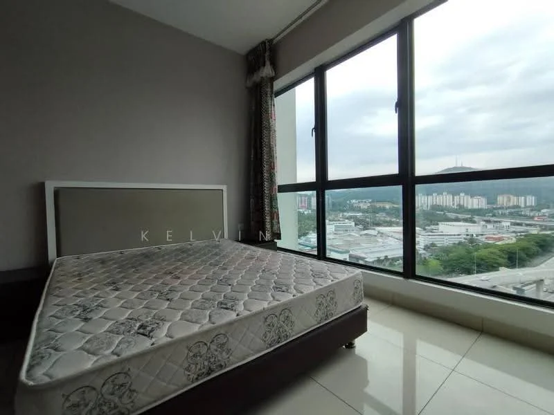 Bedroom features: floor-to-ceiling windows, grey painted walls, white ceiling, marble tile flooring, unmade bed with mattress, curtains with floral pattern, city view, decorative wall panel behind bed; style: modern; view: city.